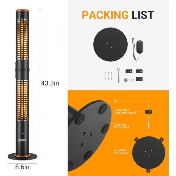 Pasapair Electric Patio Heater,1500W Infrared Outdoor Heater with Remote,Portable Freestanding Tower Heater,Overheating Protection, Tip-Over Protection, IP55 Waterproof