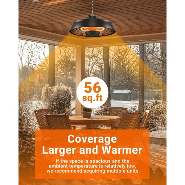 PASAPAIR 1500W IP24 Carbon Infrared Hanging Patio Heater, Outdoor Warmth