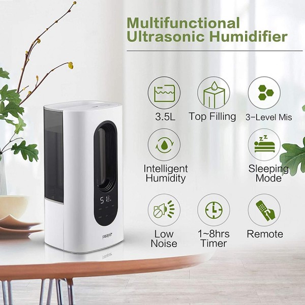 Humidifiers pasapair Ultrasonic Humidifier, 3500ml Top Fill with Cool Mist for Large Room Bedroom Office, Auto Shut-Off, Sleep Mode, Whisper-Quiet Operation for Babies, Touch Remote Control