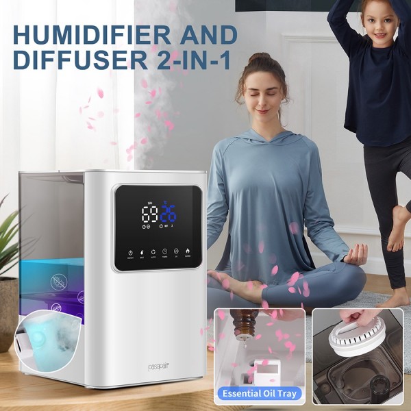Humidifiers 6L pasapair Top Fill Humidifier 2-in-1 Ultrasonic Warm and Cool Mist Humidifier with Essential Oil Tray for Large Room Bedroom Auto Shut-Off Quiet Operation for Babies Remote Control